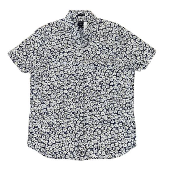 NWT J. Crew Men's Navy & White Short-Sleeve Floral/Daisy-Print Shirt - SIZE L - Picture 1 of 7